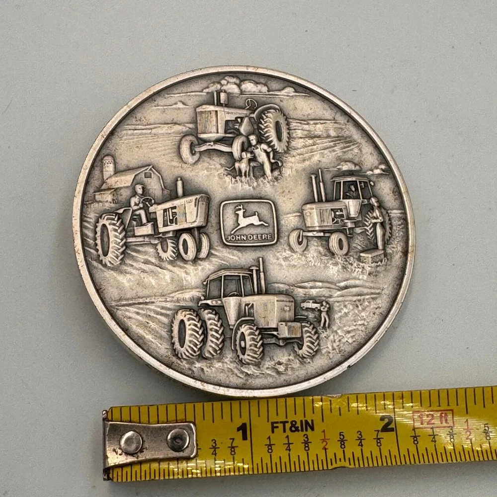 Vintage 1982 John Deere MACO Bronze .999 Silver Plate Tractor Belt Buckle Round